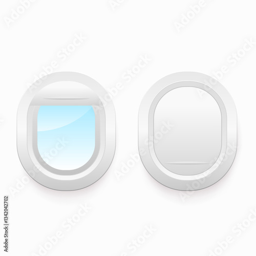 Two airplane windows, one open showing blue sky, and one closed.  Travel possibilities and restrictions in modern aviation.