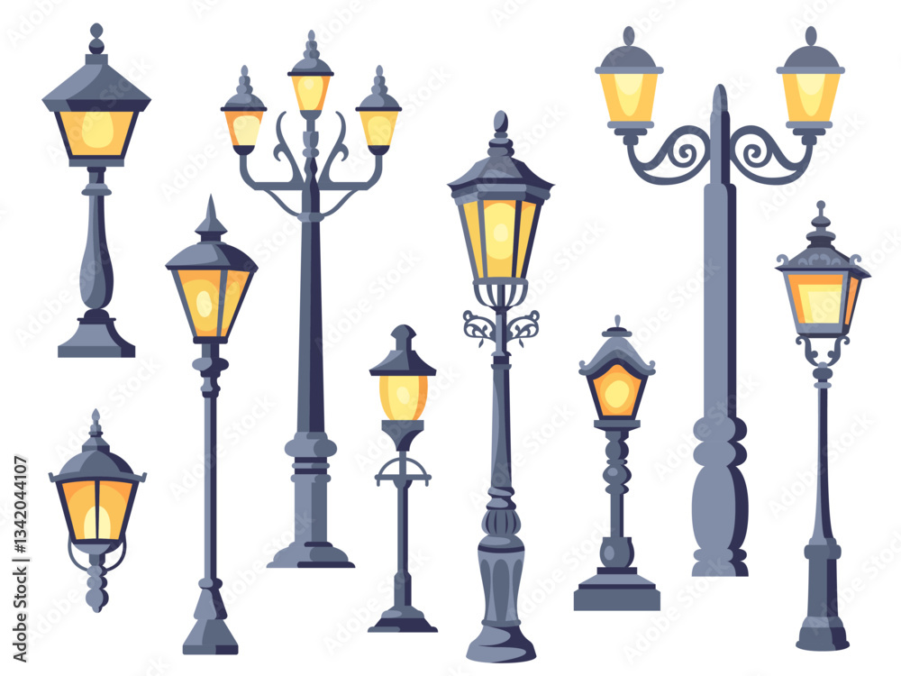 Fototapeta premium Street retro lights. Cast iron forging city lamps, vintage park lanterns, ancient style street illumination elements, road lamppost, cartoon flat isolated, decent vector streetlamp set
