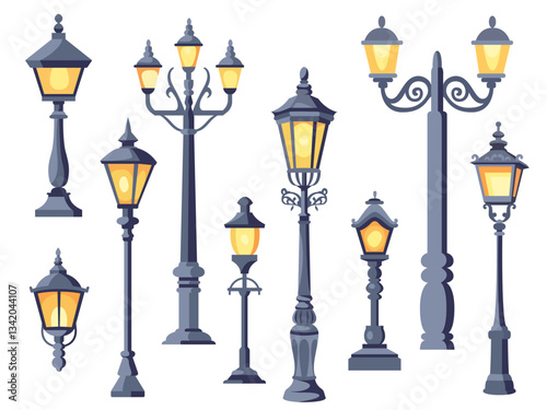 Street retro lights. Cast iron forging city lamps, vintage park lanterns, ancient style street illumination elements, road lamppost, cartoon flat isolated, decent vector streetlamp set
