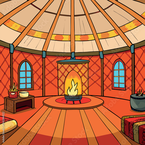Interior of a Mongolian yurt beautifully decorate.
