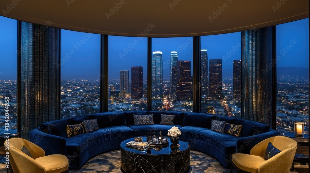 Fototapeta premium Luxury LA penthouse lounge at night with city view
