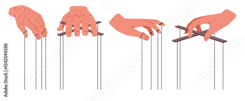 Set invisible puppeteers hands. Arms manipulating, different sides view, character hand with strings. Control marionettes. Domination symbol. Cartoon flat style isolated vector concept