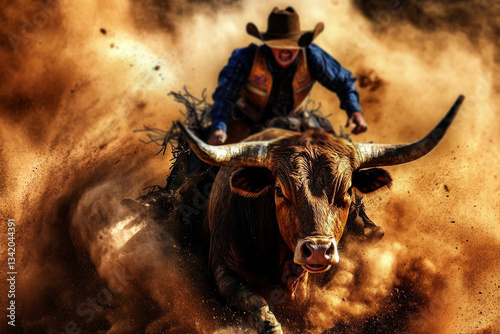  cowboy riding on the back of an enraged bull in a cloud of dust