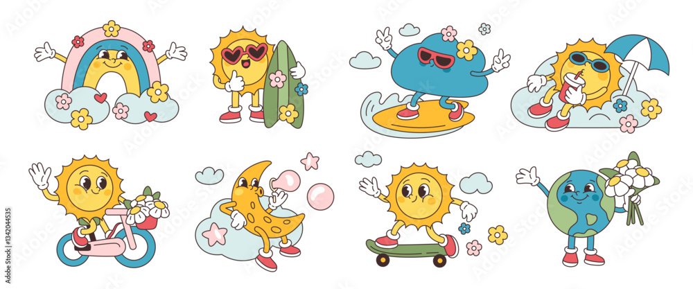 Fototapeta premium Retro weather characters. Funny groovy mascots with smiling faces, feet and hands, suns, cloud and rainbow, earth and moon, stickers collection, cartoon flat isolated garish vector set