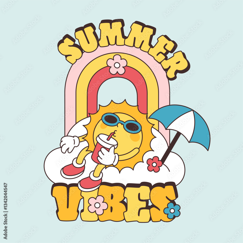 Retro happy sun character with drink. Cute groovy mascot, summer vibes, vintage comic and animation style, relax card, print or poster, cartoon flat isolated graphic garish vector concept