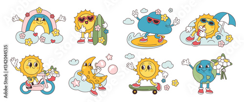 Retro weather characters. Funny groovy mascots with smiling faces, feet and hands, suns, cloud and rainbow, earth and moon, stickers collection, cartoon flat isolated garish vector set