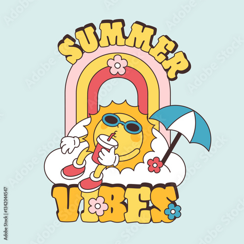 Obraz na płótnie Retro happy sun character with drink. Cute groovy mascot, summer vibes, vintage comic and animation style, relax card, print or poster, cartoon flat isolated graphic garish vector concept w salonie