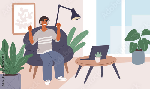 People listen music at home. Happy guy in headphones sitting in armchair, young meloman, joyful man enjoying melody, modern interior, cartoon flat style isolated garish vector concept