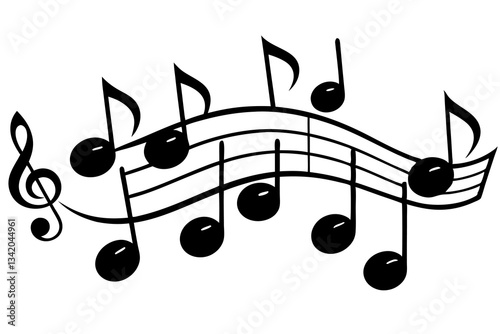 Elegant Musical Notes and Clef on Staff Lines, Black and White Composition for Music Themed Projects