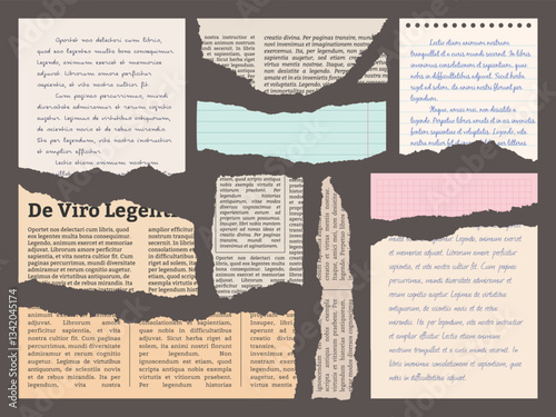 Newspaper and zines torn pieces. Cut paper fragments with texts, letters or books pages with uneven edges, notepad sheets, scraps, notepaper cartoon flat style isolated classy vector set