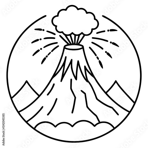 Erupting Volcano Icon in Circular Frame, Black and White Line Art for Earth Science and Disaster Awareness