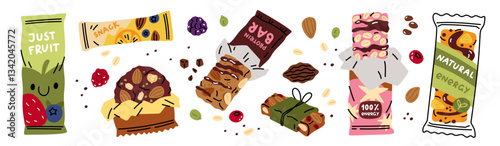 Fitness granola bars. Healthy grain snacks with dry fruits, seed, nuts and chocolate, sweet muesli mix, sport energy food, protein dessert cartoon flat style isolated garish vector set