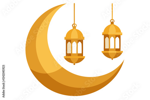 Golden Crescent Moon and Lanterns Islamic Celebration for Ramadan Kareem and Eid AlAdha