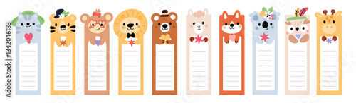Cute cartoon animal bookmarks. Kids funny book labels, kawaii paper childish stickers, pages dividers templates with fauna design, funny faces, copy space for text, isolated garish vector set