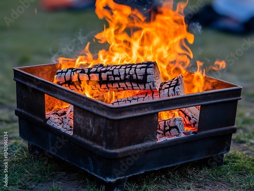 Burning wood logs and flames within a metal fire pit photo