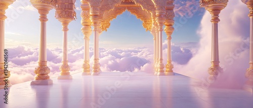 Indian Wedding Terrace Palace, Golden Archway Overlooking Infinity, Soft Holi Dust on Marble. Background Frame. Copy space. Generative AI