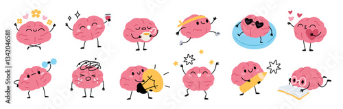 Cartoon brain character. Pink cute mind with feet, hands and smiling funny face, human organ clever mascot, educational symbol, isolated emoji, knowledge emoticon garish vector comic set