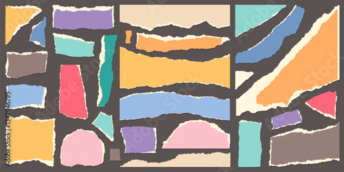 Cardboard cut pieces. Zine culture, torn paper, colorful collage workpieces, random shapes, careless fragments, scrapbook, abstract fragments cartoon flat style isolated classy vector set