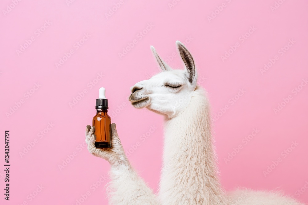 Fototapeta premium Meditating llama enjoys essential oils in a calming pink space