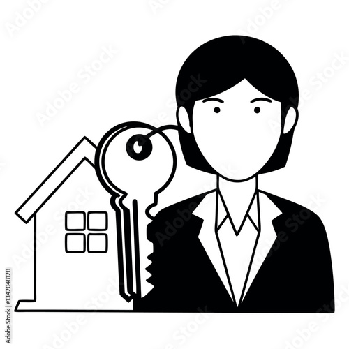 Line icon of a person with a key inside.