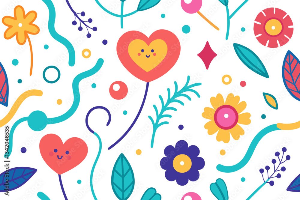 Playful Floral Pattern with Smiling Hearts, Bright Colors, and Whimsical Design on White Background