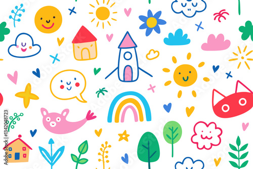 Playful HandDrawn Doodle Pattern Featuring Rainbows, Rockets, Smiling Suns, Houses, Clouds, And Whimsical Nature Elements