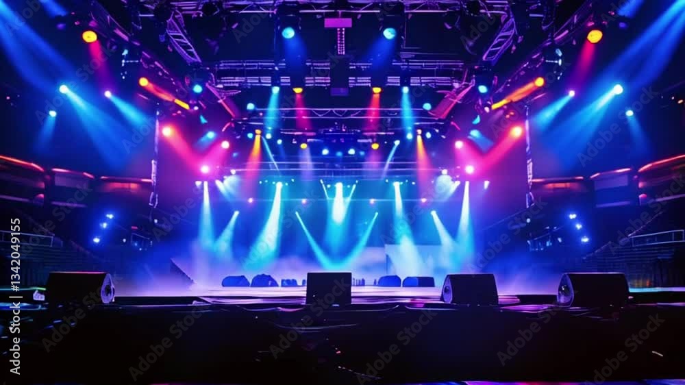 An empty concert stage with multi color lights