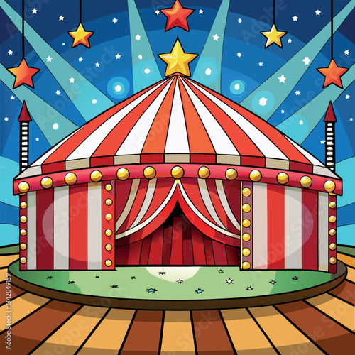 Magical empty circus stage with glowing lights.