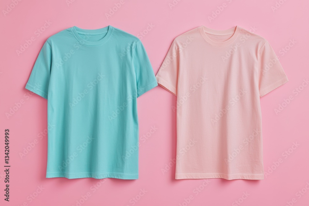 Soft pastel cotton T-shirts displayed on a pink background Soft pastel cotton T-shirts displayed on a pink background