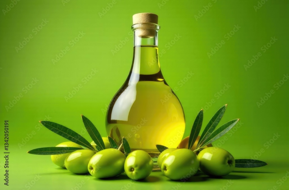 Glass bottle of olive oil on a green background with fresh olives. Glass bottle of olive oil on a green background with fresh olives.