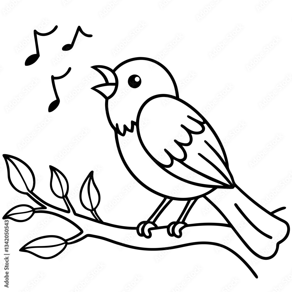 Fototapeta premium Singing Bird Outline on Branch with Musical Notes, Black and White for Coloring or Educational Use