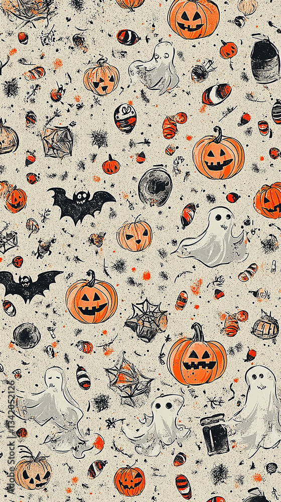 Naklejka premium Whimsical Halloween Pattern Featuring Ghosts, Pumpkins, and Spooky Elements on Neutral Background