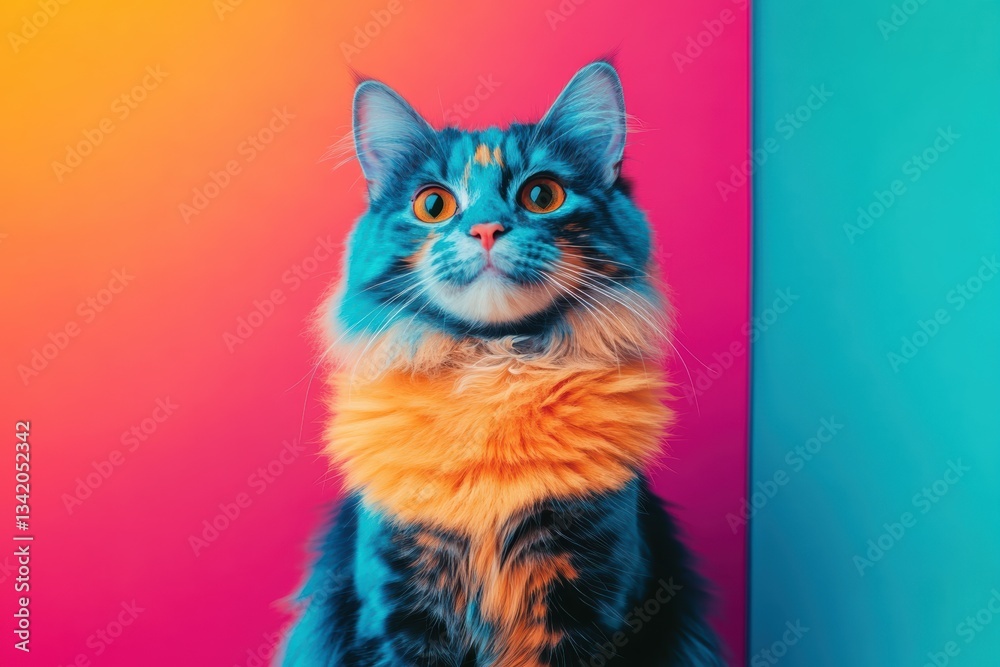 Fototapeta premium Charming cat with vibrant blue and orange fur against a colorful background