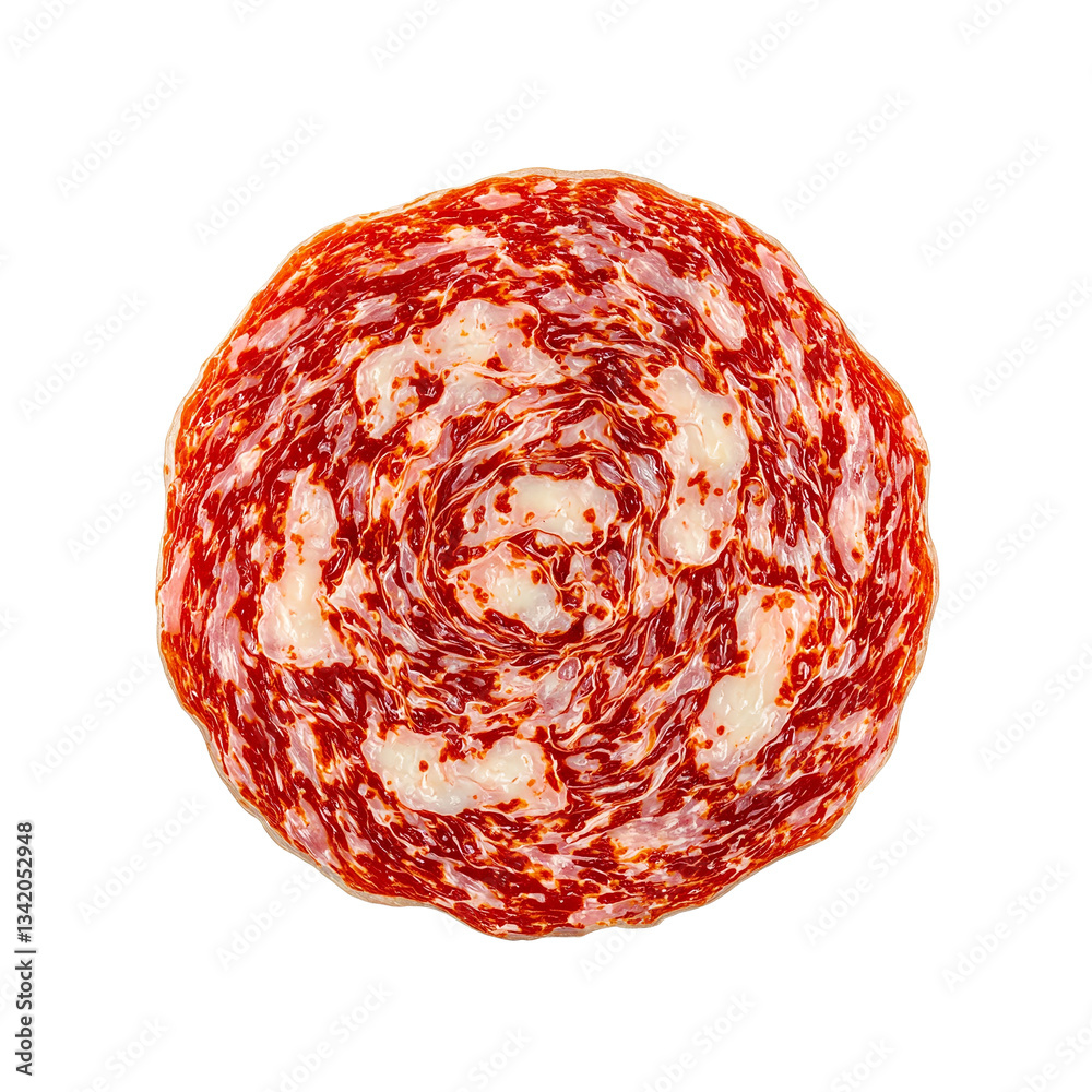 Close up of a vibrant pepperoni slice with white fat speckles and curled edges isolated on white A delicious concept for food lovers Close up of a vibrant pepperoni slice with white fat speckles and curled edges isolated on white A delicious concept for food lovers