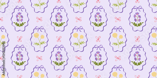 Hand-drawn floral pattern in the form of frames with bows. Seamless floral lace pattern with bows on coquette style. Spring, summer flowers. Elegant Design for baby print, fabric, wrapping paper.