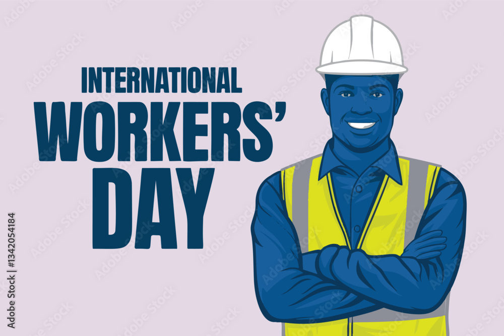A cheerful worker in a safety vest and hard hat, arms crossed, is the central image against a backdrop of the words A cheerful worker in a safety vest and hard hat, arms crossed, is the central image against a backdrop of the words