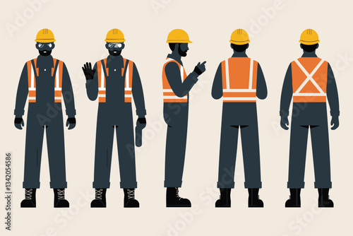 Full-body silhouettes of four construction workers, wearing dark navy overalls and bright orange safety vests