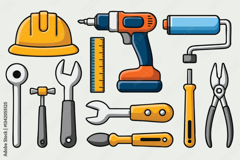 A collection of construction tools, including a hard hat, drill, wrench, paint roller, measuring tape, and various hand tools A collection of construction tools, including a hard hat, drill, wrench, paint roller, measuring tape, and various hand tools
