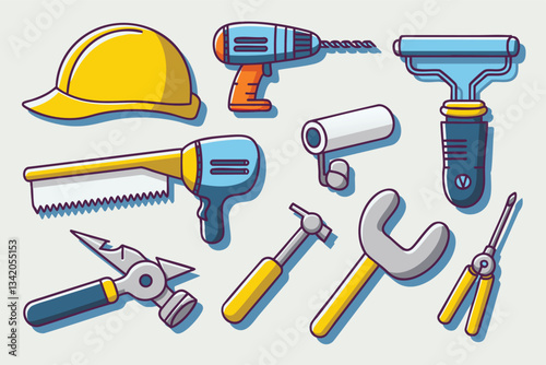 A collection of various construction tools, including a hard hat, drill, saw, putty knife, safety camera, wrench, pliers, and screwdriver