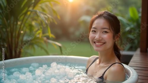 Smiling Asian woman enjoying an ice bath in an outdoor spa surrounded by lush greenery. Concept of wellness, relaxation, and cold therapy for rejuvenation.