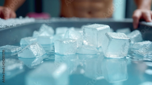 Close-up of large ice cubes floating in cold water with a shirtless male athlete preparing for an ice bath. Concept of cryotherapy, muscle recovery, and endurance.

