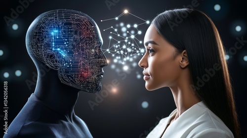 A humanoid robot AI agent hologram sharing knowledge with a human during the singularity symbolizing agentic autonomy and AGI technology in the future using superintelligence