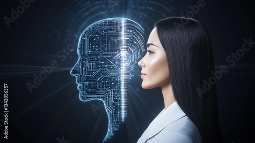A humanoid robot AI agent hologram sharing knowledge with a human during the singularity symbolizing agentic autonomy and AGI technology in the future using superintelligence