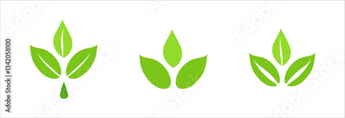 Green leaf logo, Eco symbols with green spring leaves, Simple flat style illustration collection, Ecology elements for eco friendly and bio logo, vegan concept