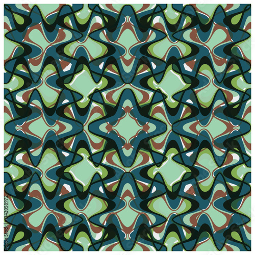 Colorful geometric pattern featuring intertwining swirling shapes in greens, browns, and blues against a light background, It could be used as a wallpaper, fabric design, or other decorative elements.