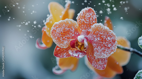 Winter's touch on indoor orchid, snowflakes lightly dusting vibrant petals