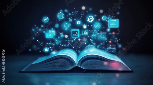 Open book, digital icons, dark background, knowledge, education (1)