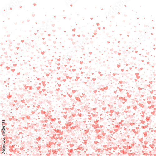 Valentine hearts, flying, falling down, floating. Red hearts scattered on white background. Lovable valentine hearts vector illustration.