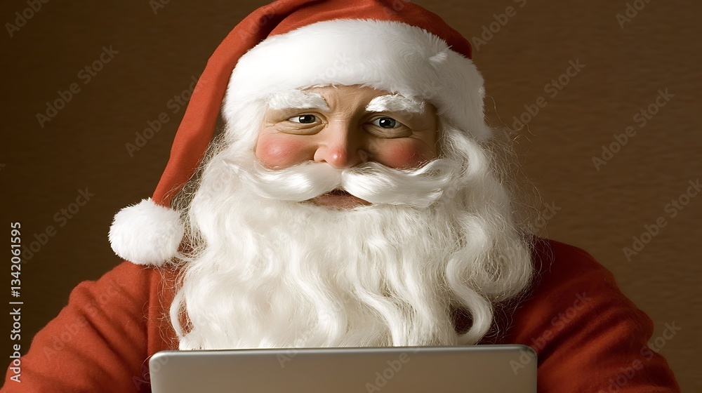 Naklejka premium Santa Claus with laptop Christmas work online