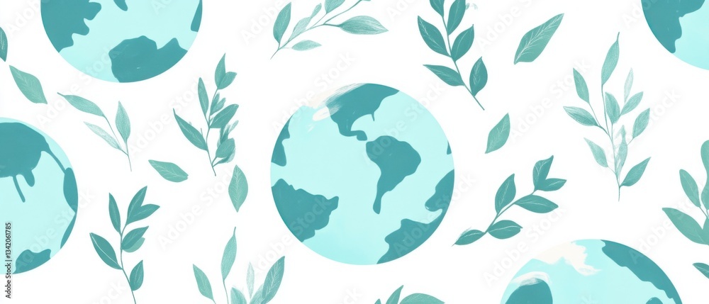 Seamless Pattern of Light Blue Earth Globes and Green Leaves on White Background Concept of Environmental Awareness, Sustainability, and Nature Seamless Pattern of Light Blue Earth Globes and Green Leaves on White Background Concept of Environmental Awareness, Sustainability, and Nature
